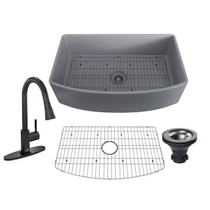 Matte Gray Fireclay 33 in. Curved Design Single Bowl Farmhouse Apron Kitchen Sink with Pull Down Faucet