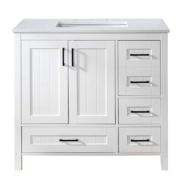 WOODBRIDGE Dover 35.88 in. W x 22 in. D Single Sink Floating Bath Vanity in White with White Stone Vanity Top