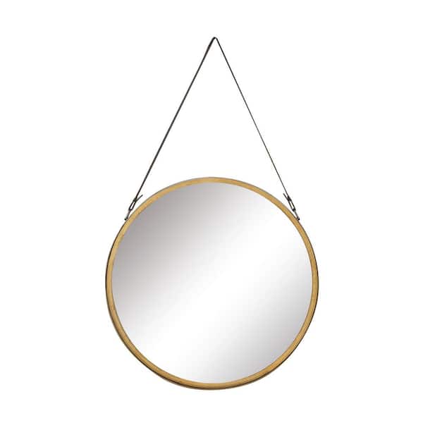Litton Lane 33 in. x 20 in. Round Framed Gold Wall Mirror with Leather Strap
