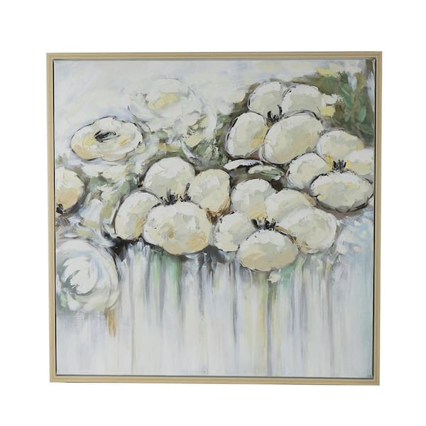 Benjara Cream, Gray, Blues and Greens Wooden Framed Handpainted Abstract Oil Painting Floral Wall Art Print