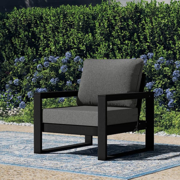 Endless Outdoor Patio Deep Seating Club Chair with Black Frame and Gray Side Tie Cushions
