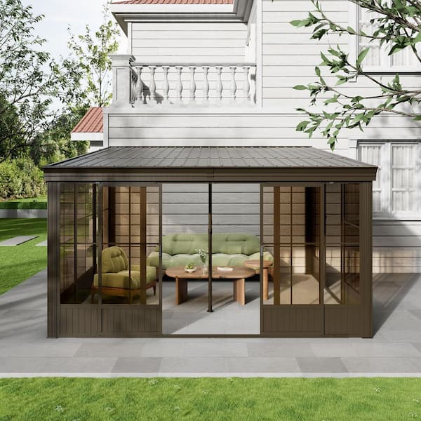 12 ft. x 14 ft. Wall-Mounted Four-Season Solarium with Sliding Glass Doors for Outdoor Living & Patio Enclosure