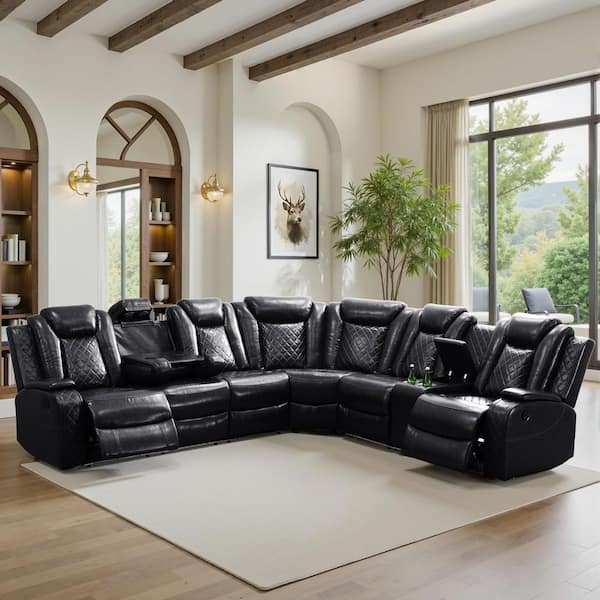 210 in. Overall Straight Arm Leather L-Shape Recliner Sofa Set in Black, 6 Seats Sectional with USB, Wireless Charging