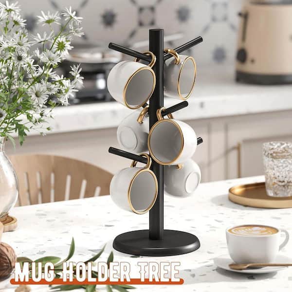 6-Hook Black Mug Tree Space-Saving Bamboo Coffee Cup Holder for Countertop Non-Slip Base Efficient Storage