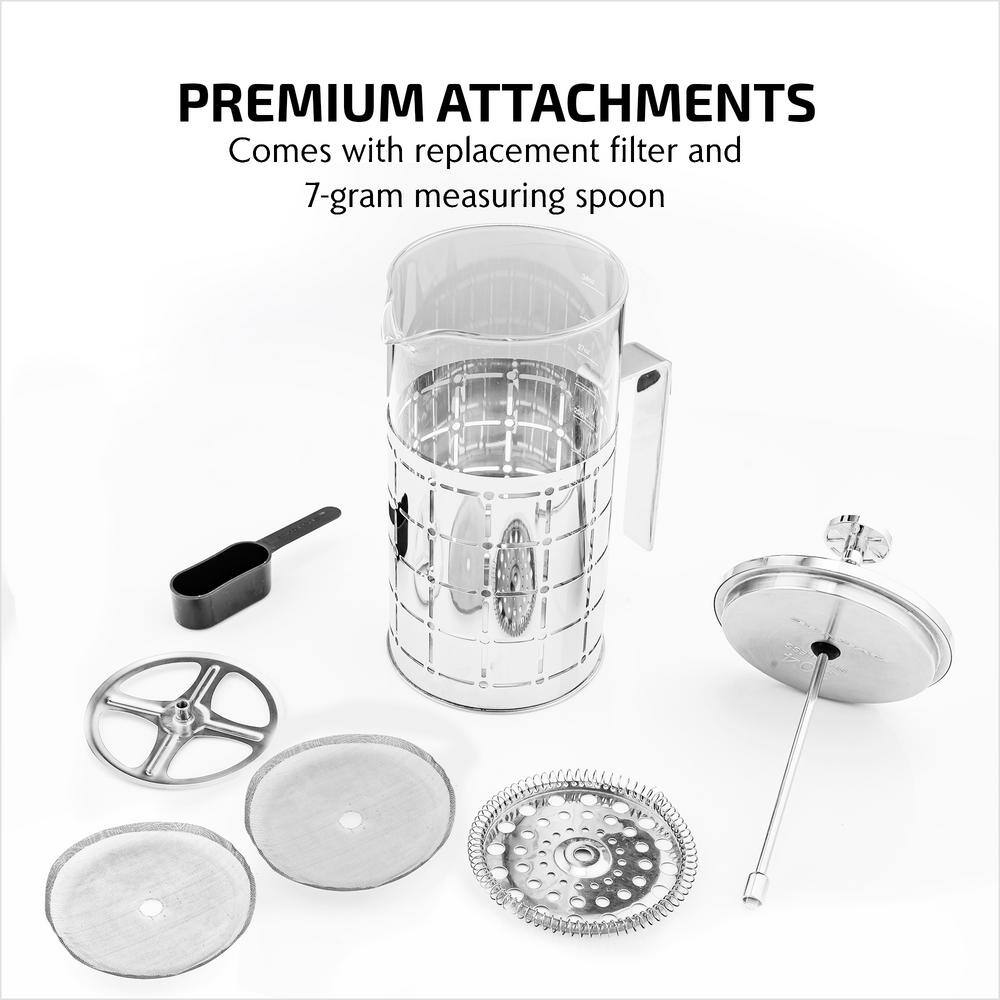 34 Ounce Silver Stainless Steel French Press Coffee Maker with Borosilicate Glass