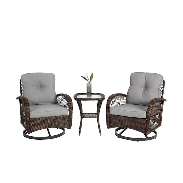 3 Pieces Metal Outdoor Rocking Chairs with Grey Cushions and Glass Coffee Table