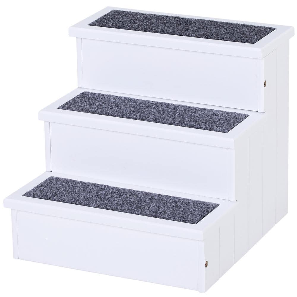 White Wooden 3-Step Pet Stairs with Carpet and Storage