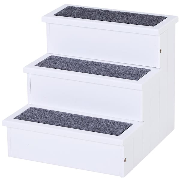 PawHut 3 Step Wooden Carpeted Non Slip Pet Stairs Ramp for Cats and Small Dogs - White