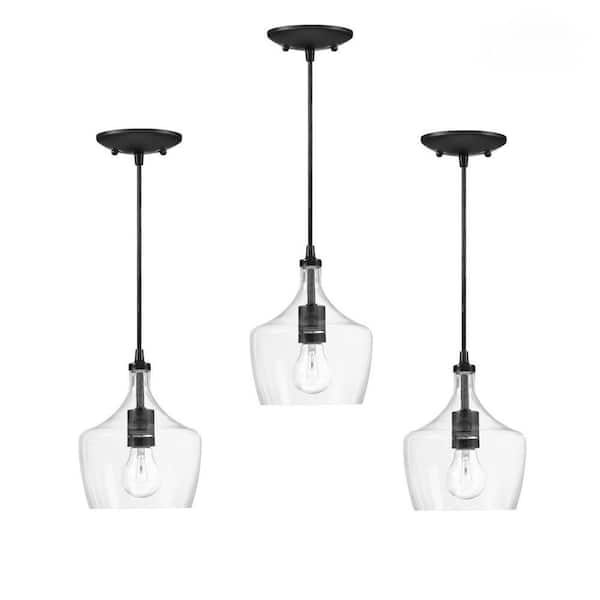60-Watt 1-Light Black Kitchen Island Pendant Light with Clear Glass Shade (3-Pack)