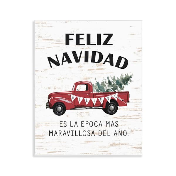 Feliz Navidad Red Truck Xmas by Lettered and Lined Unframed Wall Plaque Abstract Graphic Art Print 14 in. x 11 in.