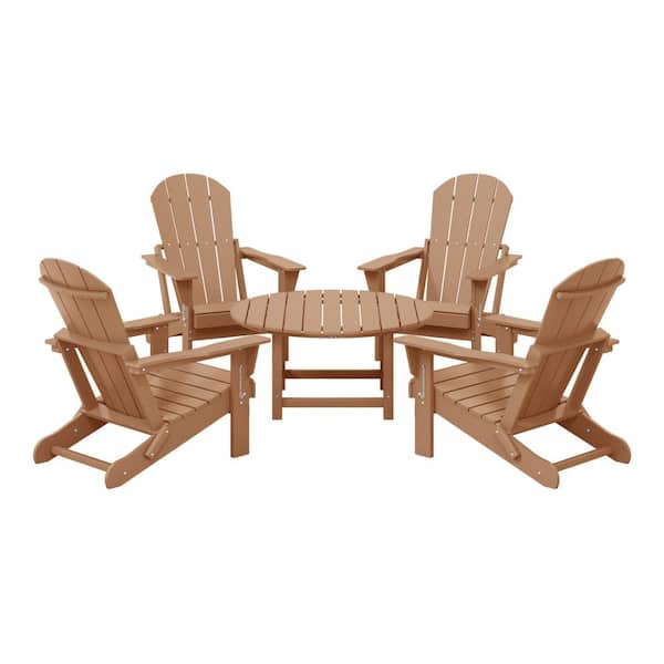 Laguna Teak Fade Resistant 5-Piece Plastic Adirondack Chair Outdoor Patio Conversation Set With Round Coffee Table