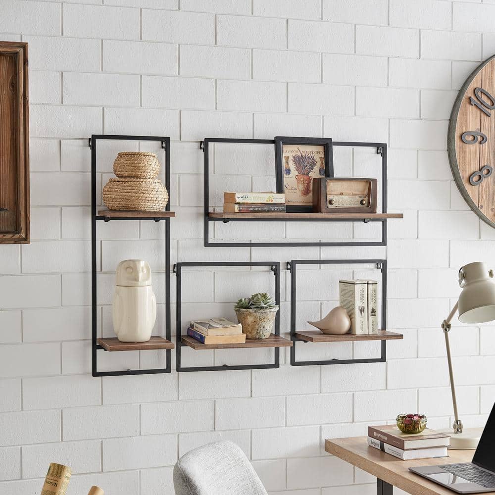 Rustic Black Metal Frame Floating Wall Shelf Set