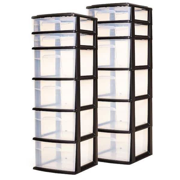 6 Clear Drawer Plastic Home Storage Container Tower, Black/Clear (2 Pack)