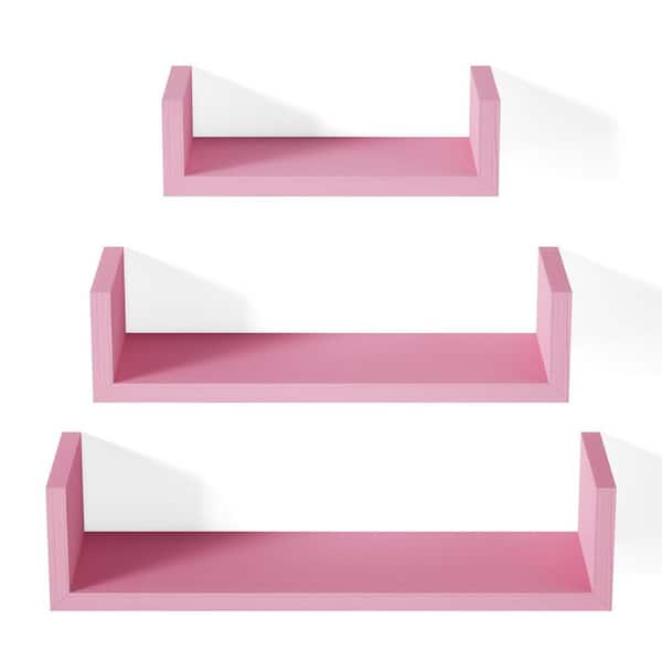 16.7 in. W x 4.7 in. D Floating Shelves Wall Mounted, Solid Wood Wall Shelves Set of 3, Decorative Wall Shelf, Pink