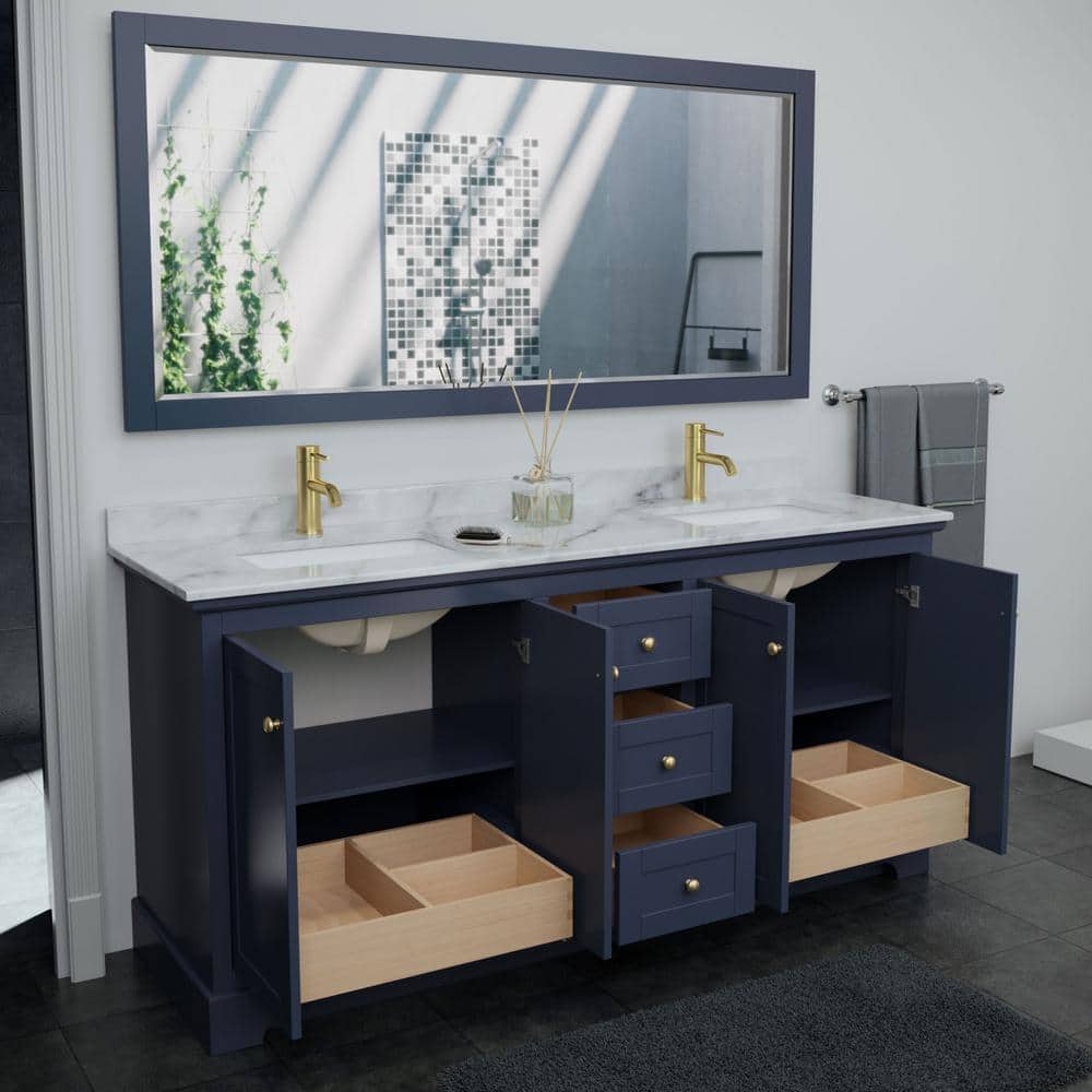 Avery 72" Dark Blue Vanity with White Carrara Marble Top and Mirror