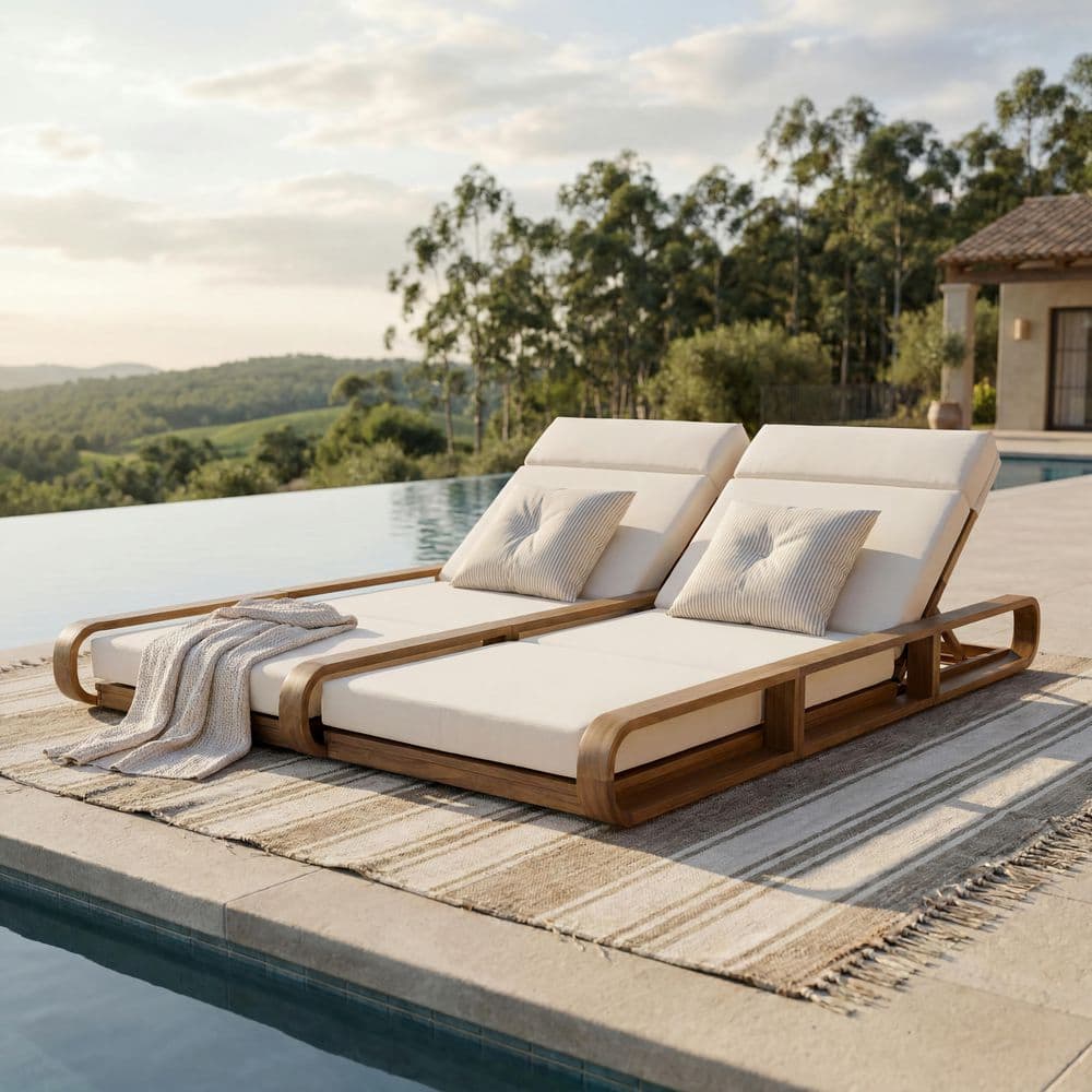 Adero Teak Finish Acacia Wood Outdoor Patio Double Chaise Lounge with Two Cream 4-Fold Cushions