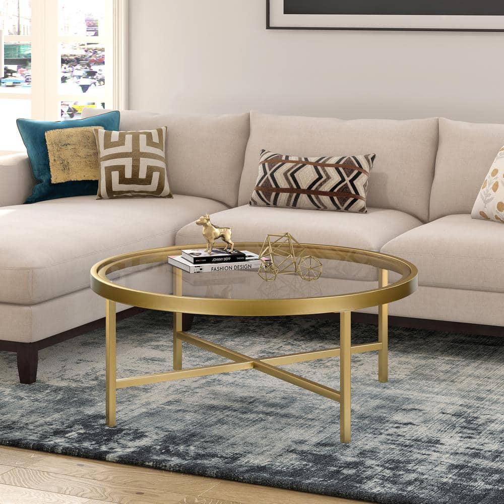 Elegant 36" Round Glass-Top Coffee Table with Brass Finish