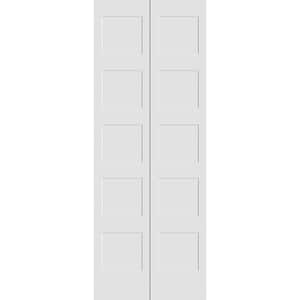 24 in. x 80 in. Solid Wood Primed White Unfinished MDF 5-Panel Shaker Bi-Fold Door with Hardware