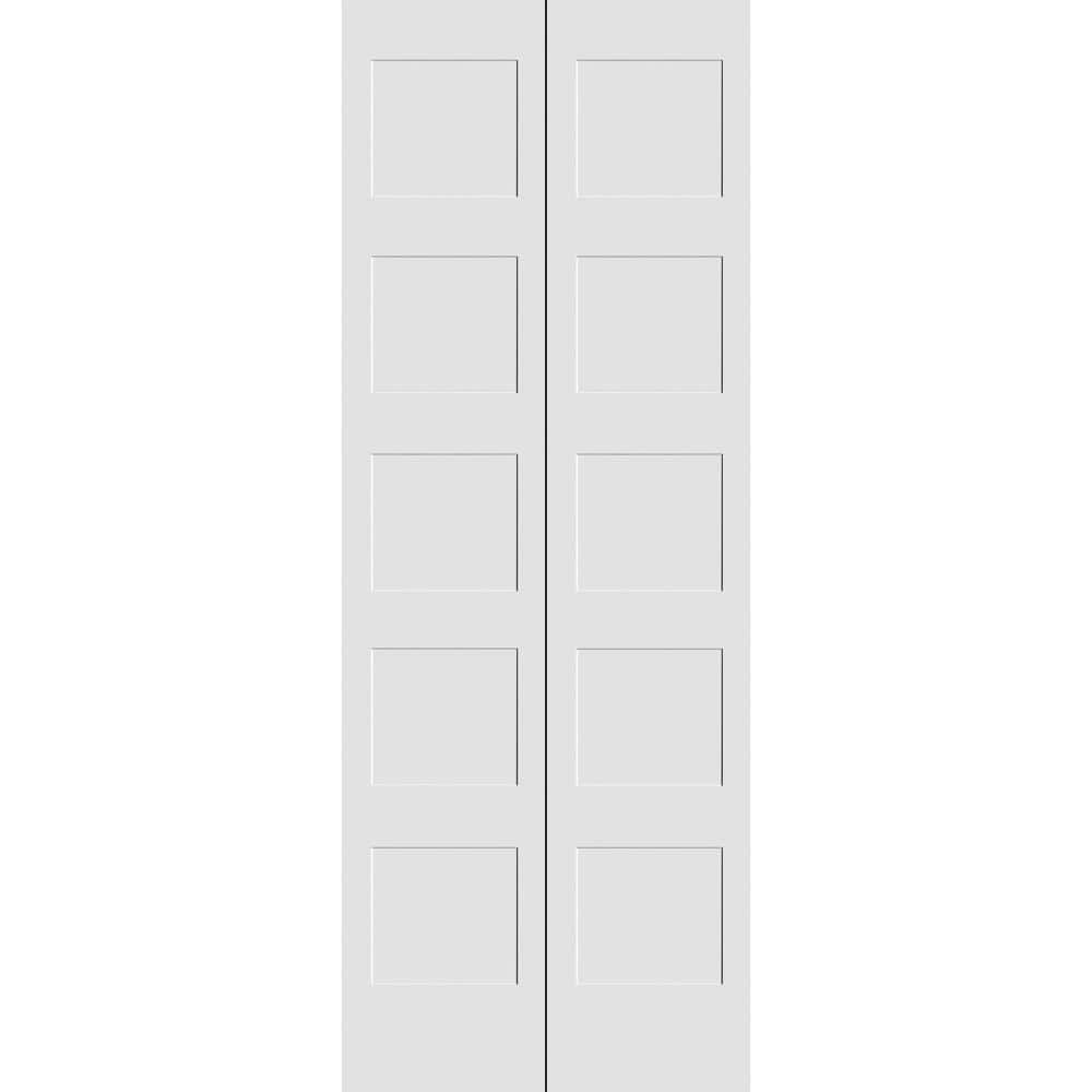 30 in. x 80 in. Solid Wood Primed White Unfinished MDF 5-Panel Shaker Bi-Fo