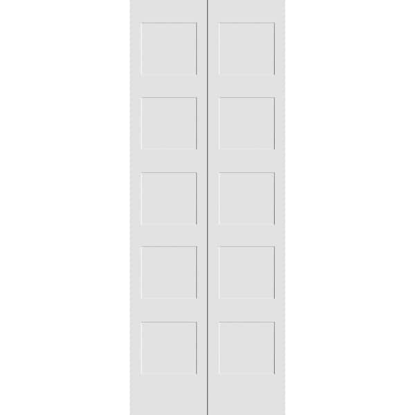 CODEL DOORS 30 in. x 80 in. Solid Wood Primed White Unfinished MDF 5-Panel Shaker Bi-Fold Door with Hardware