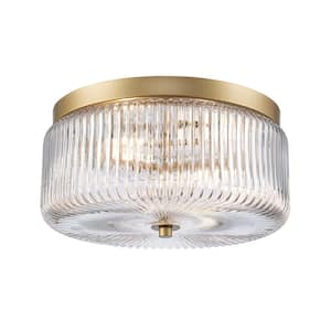 Quartz Quarters 11.75 in. 2-Light Gold Flush Mount Ceiling Light with Clear Reeded Glass Shade