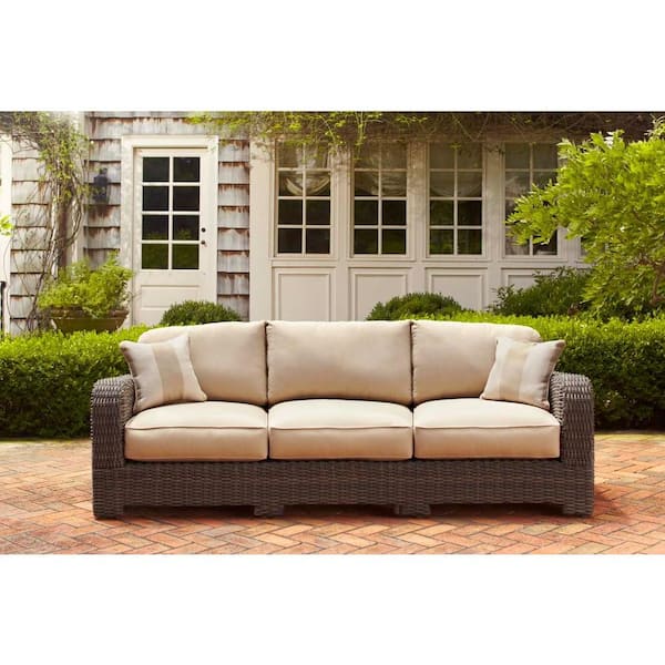 Brown Jordan Northshore Patio Sofa with Harvest Cushions and Regency Wren Throw Pillows -- STOCK