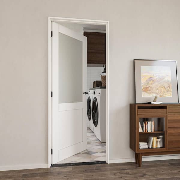 32 in. x 80 in. 1/2-Lite Frosted Glass Left Handed White Solid Core MDF Door with Quick Assemble Jamb Kit