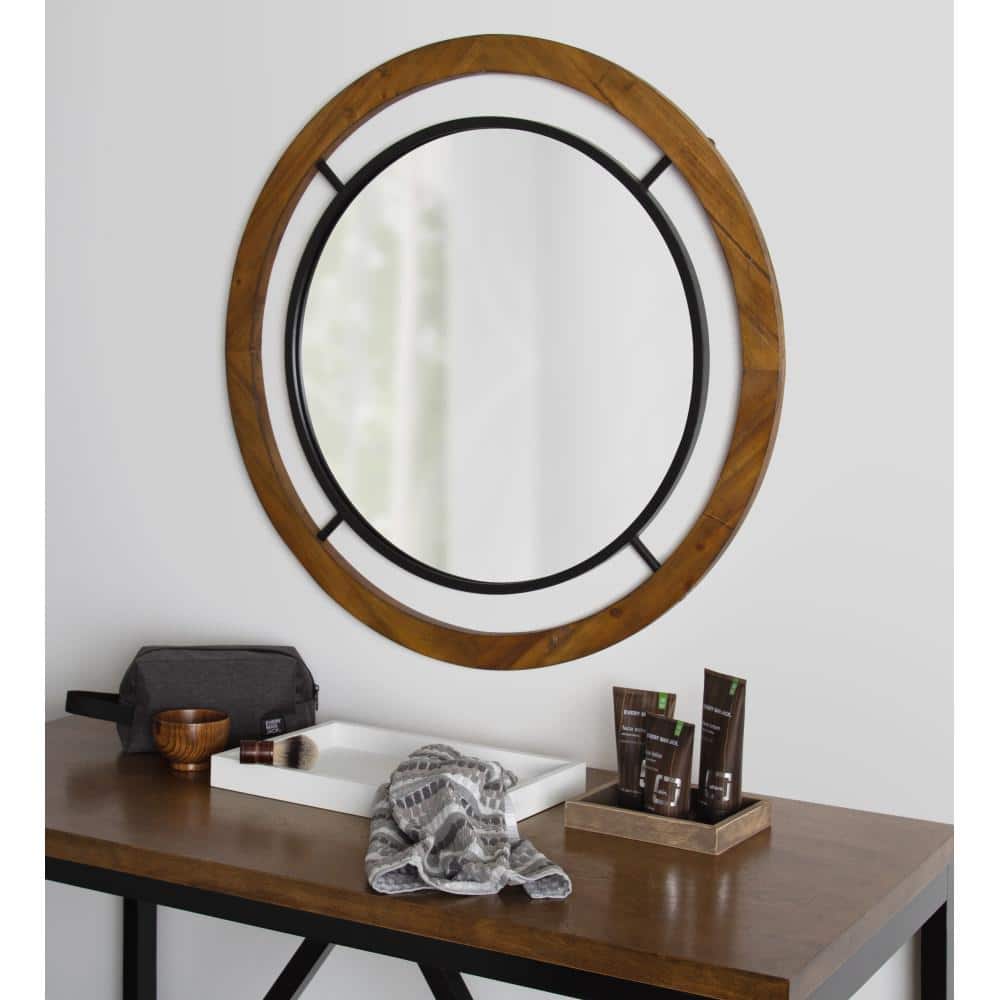 Rustic Brown Round Wood Bathroom Vanity Mirror