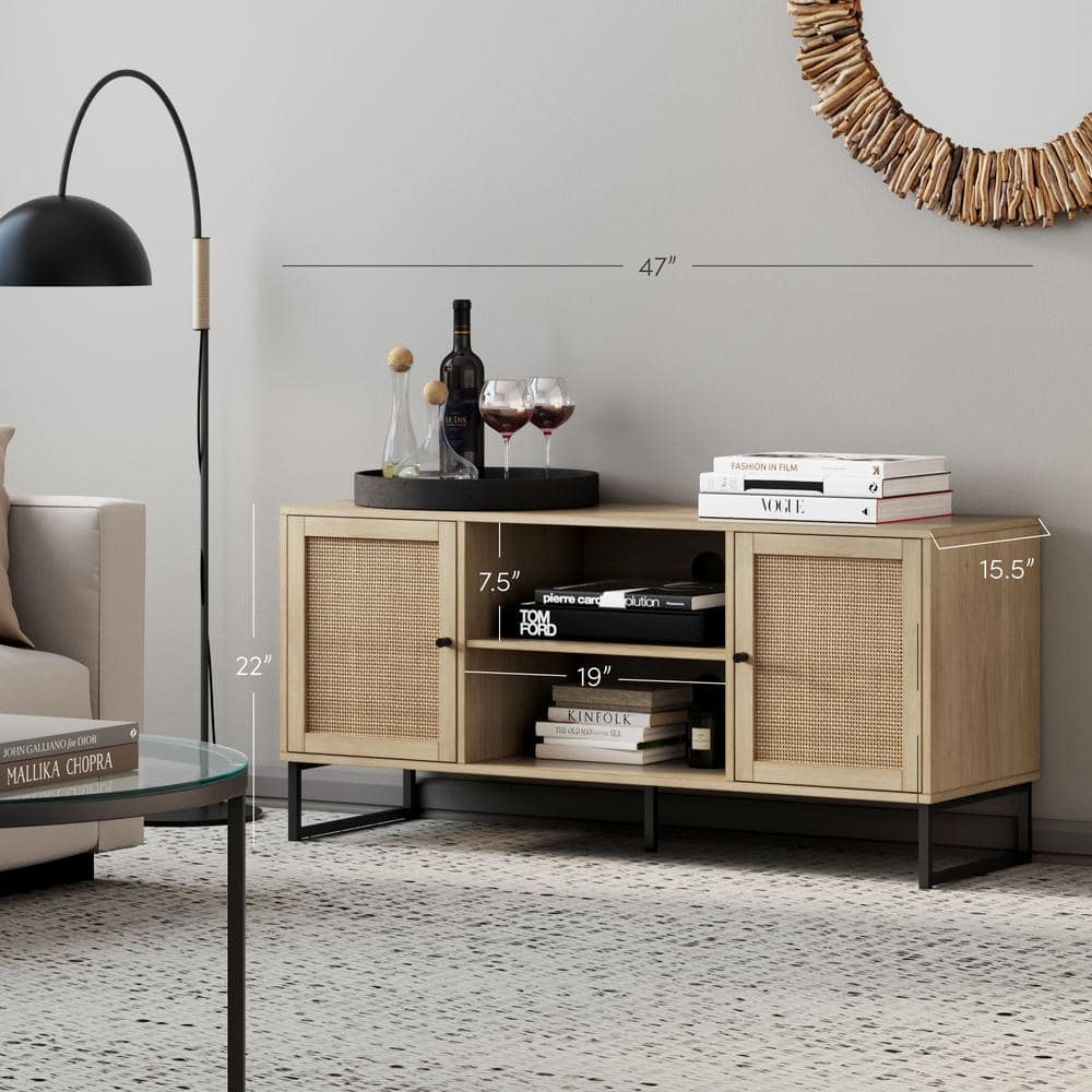 Mina Light Oak and Rattan TV Stand Set with Matte Black Accents