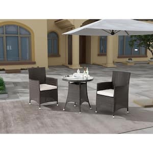 3-Piece Wicker Outdoor Dining Set, All-Weather Patio Dining Table and Chairs with White Cushions for Backyard, Garden