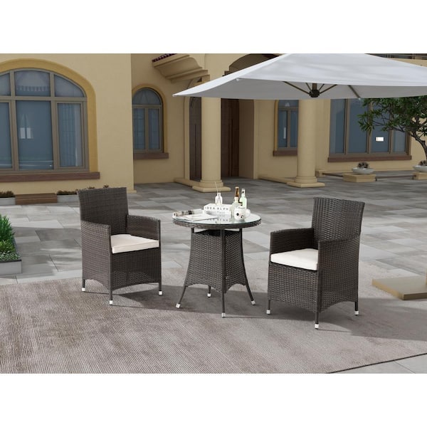 Unbranded 3-Piece Wicker Outdoor Dining Set, All-Weather Patio Dining Table and Chairs with White Cushions for Backyard, Garden