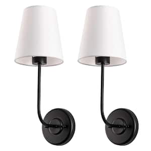 7.5 in. 1-Light Matte Black Wall Sconce Vintage Industrial Wall Light Fixture with White Fabric Shade(2 Pack)