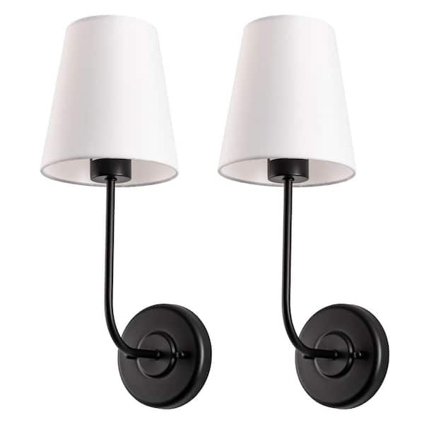 YANSUN 7.5 in. 1-Light Matte Black Wall Sconce Vintage Industrial Wall Light Fixture with White Fabric Shade(2 Pack)