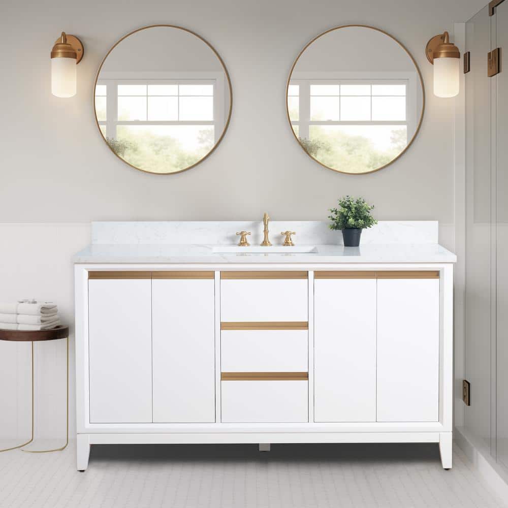 60" White Poplar Wood Single Bathroom Vanity with Marble Top