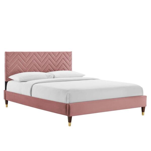 MODWAY Leah Chevron Tufted Red Performance Velvet Frame Full Platform Bed with Reinforced Center Beam