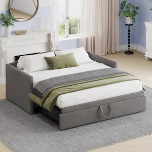 Gray Twin to King Size Velvet Upholstered Daybed with Extended Pop-Up Trundle