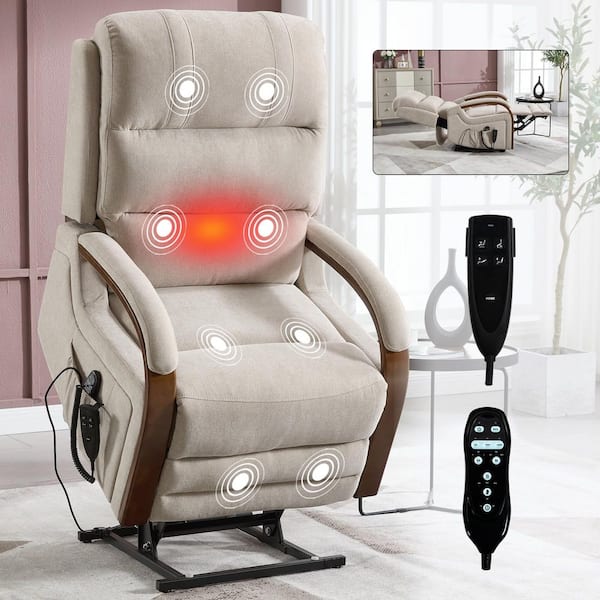 Beige Ergonomic Dual Motor Chenille Power Lift Recliner with Solid Wood Armrests, Massage and Heat