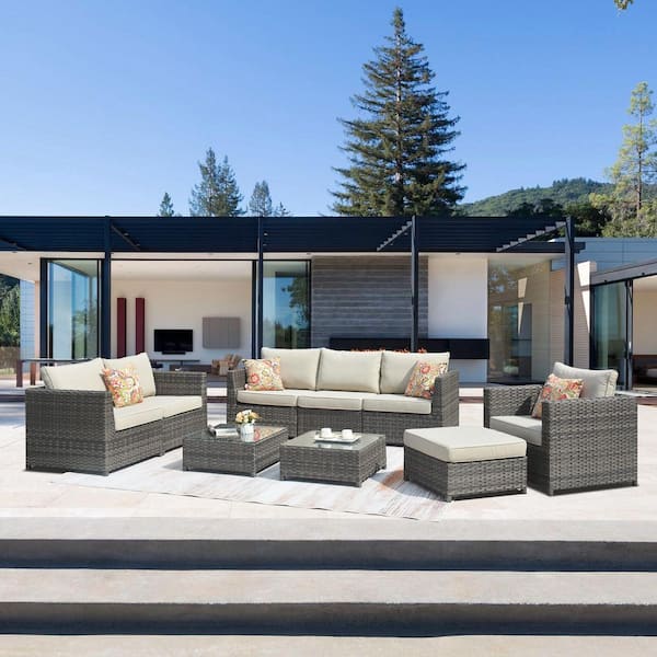 OVIOS Honory Gray 9-Piece Big Size Wicker Patio Conversation Seating Set with Beige Cushions