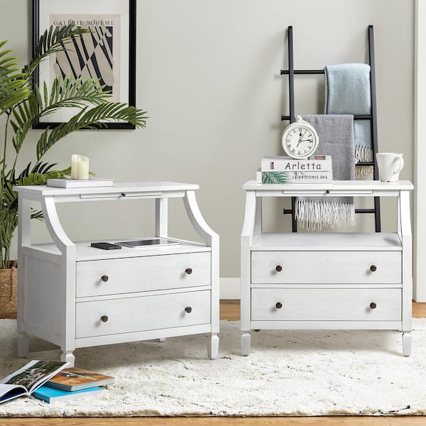 JAYDEN CREATION Jacqueline White 2-Drawer Nightstand with Built-In Outlets (Set of 2)