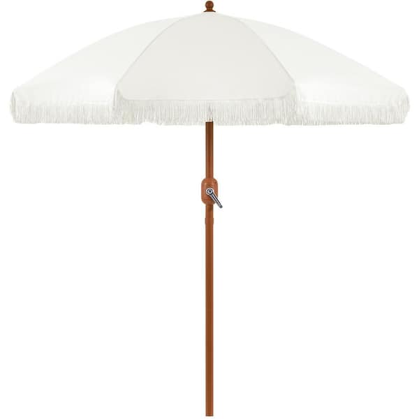 7.5ft Eight-Rib Holiday Style Patio Umbrella, Outdoor Crank Operating Umbrella with Fringe, Tiltable Canopy, Cream