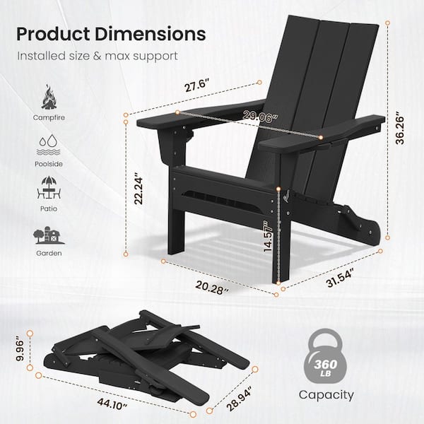 JEAREY Classic Black Folding Plastic Adirondack Chair with Double