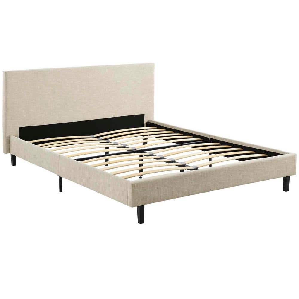 Beige Full Upholstered Tufted Wood Platform Bed