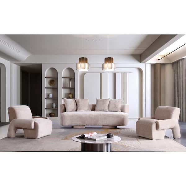 Manhattan Comfort Verandah 3-Piece Mid-Century Modern Beige Chenille Upholstered Sofa and Accent Chair Living Room Set
