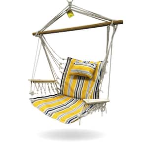2.5 ft. Hammock Chair with Wooden Armrests in Yellow with Grey