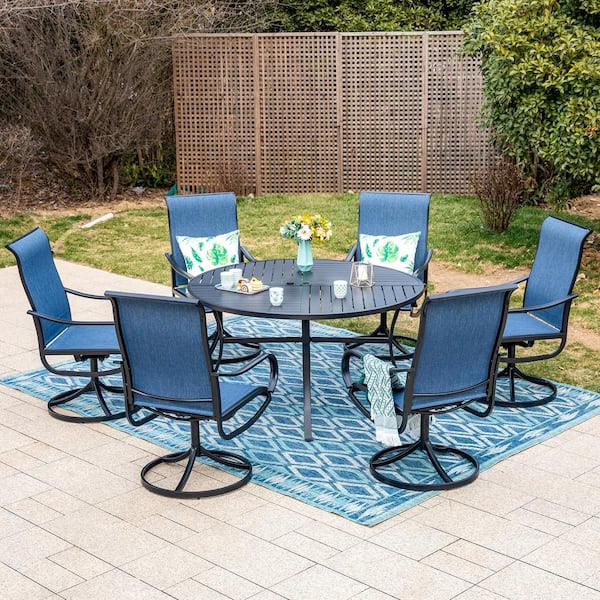 PHI VILLA Black 7-Piece Metal Outdoor Dining Set with Round Table and Textilene Swivel Chairs