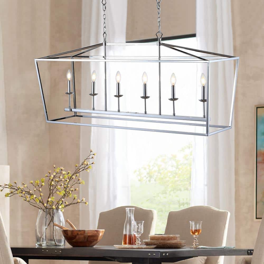 Pagoda-Inspired Chrome 49" Linear LED Pendant with 6 Candle Bulbs