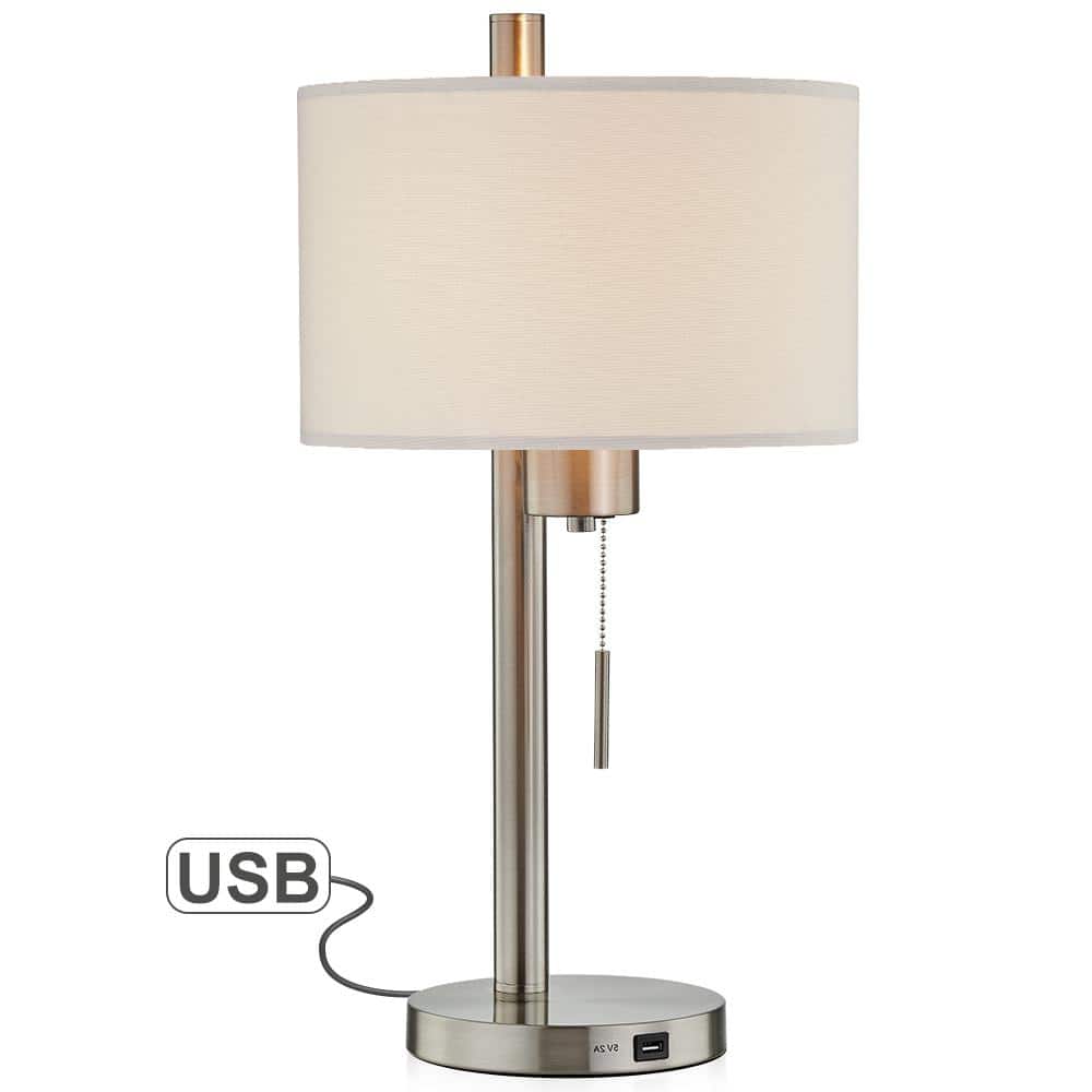 TRUE FINE 23 in. Brushed Nickel Modern USB Table Lamp with White Linen Shade AD4062T The Home