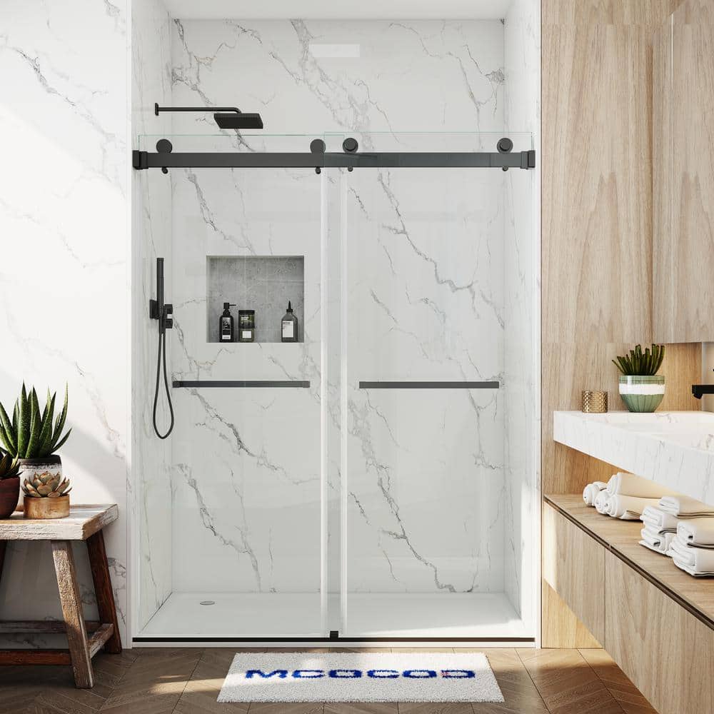 56-61 in. W x 79 in. H Double Sliding Frameless Smooth Sliding Shower Door in Matte Black with 3/8 in. Clear Glass price history on PriceWatchPro