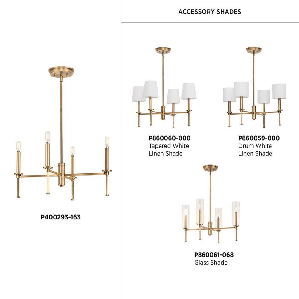 Elara Vintage Brass 4-Light Chandelier with Clear Glass Shades