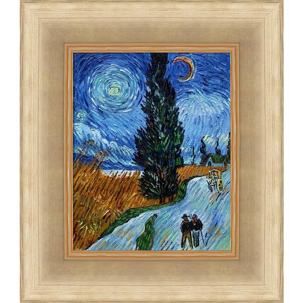 LA PASTICHE Road With Cypress and Star by Vincent Van Gogh Andover Champagne Framed Nature Painting Art Print 13.38 in. x 15.38 in.